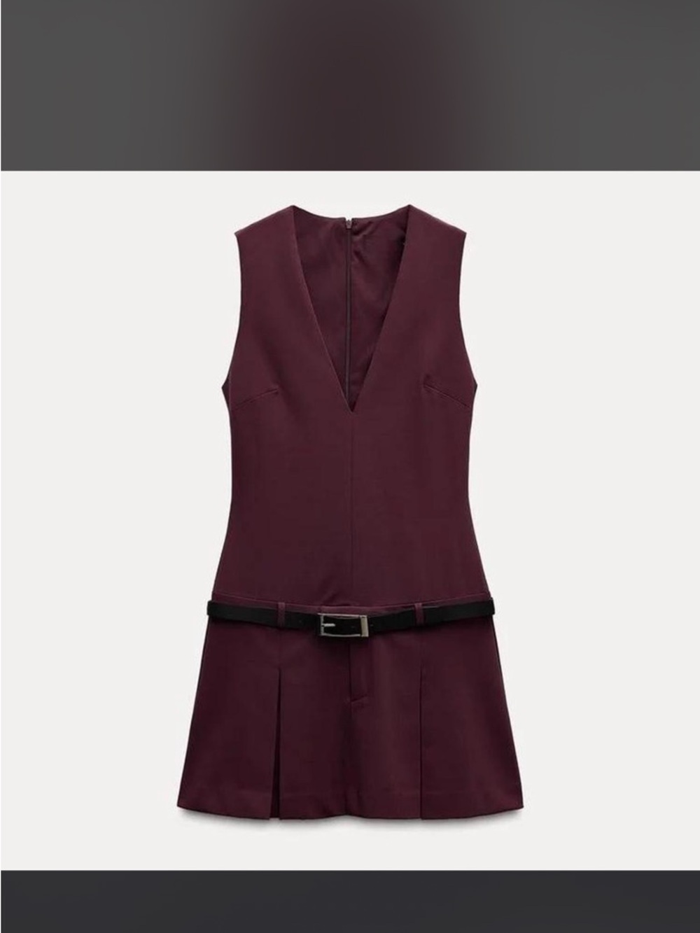 Zara Sleeveless V-Neck Mini Dress in Burgundy with Black Belt